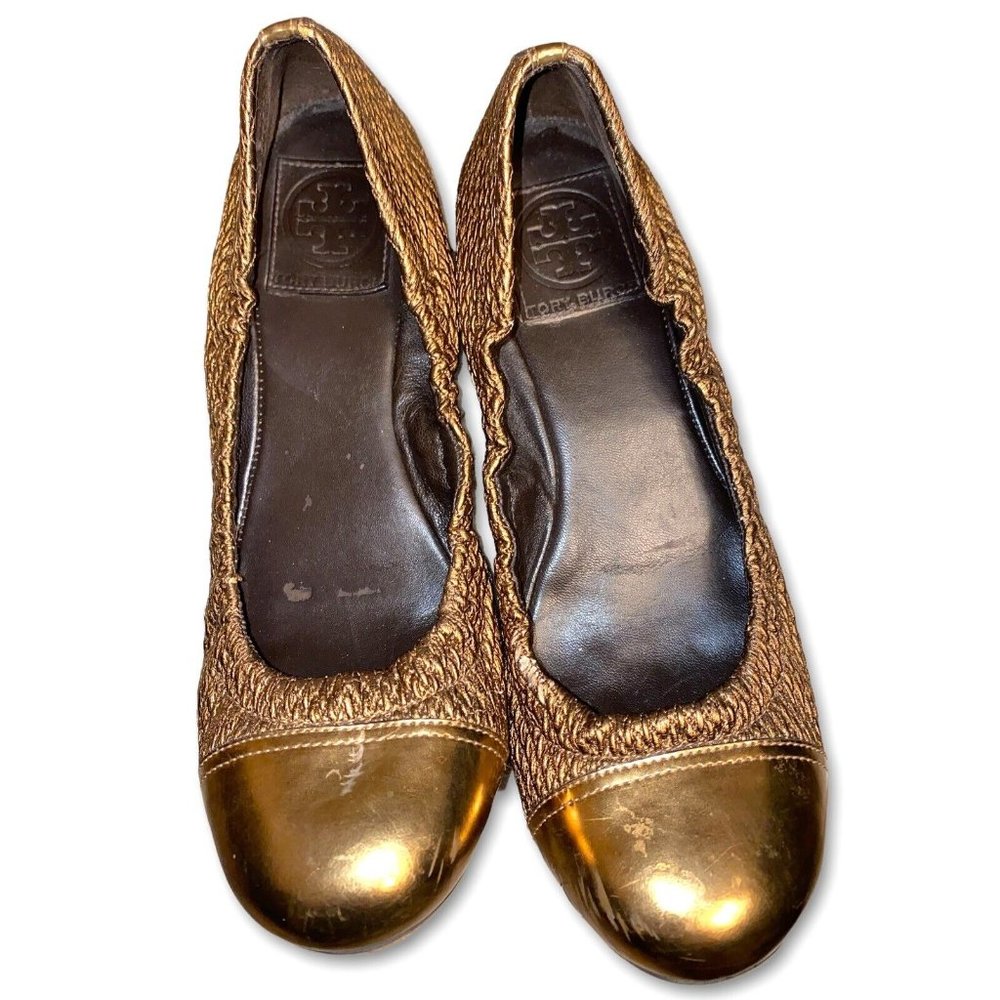 Tory Burch Anne Marie Leather Quilted Metallic Ballet Flats Bronze Size 7 - Picture 3 of 8